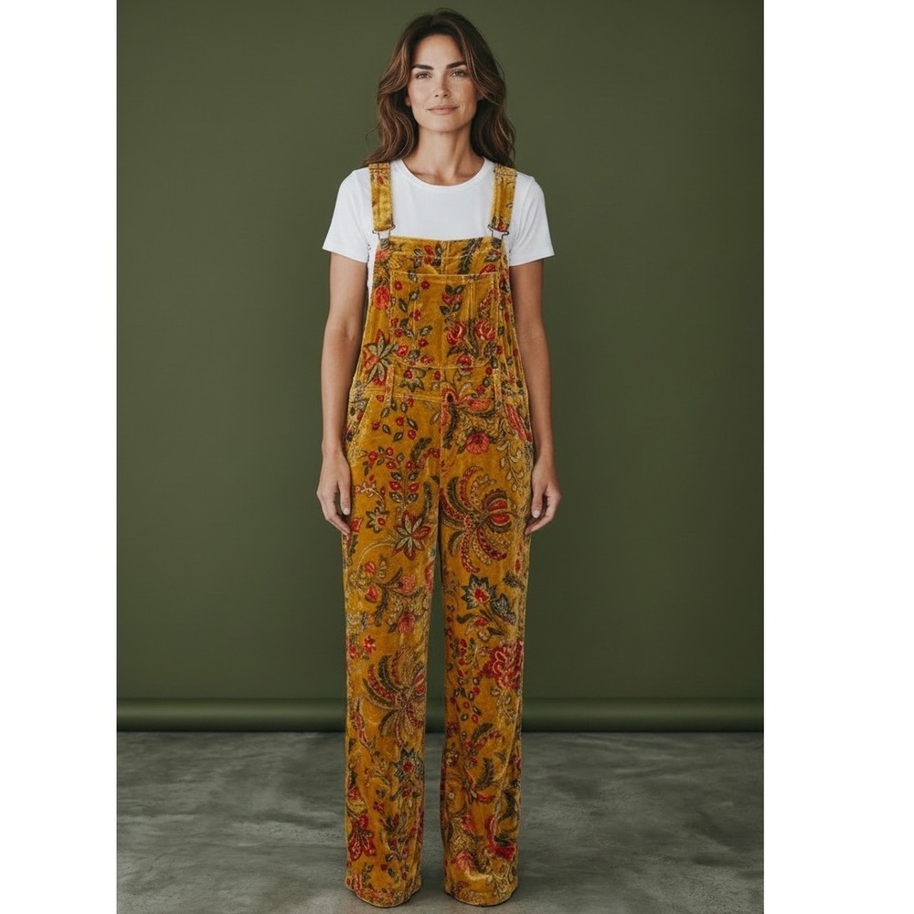 Gardenbelle Shop Floral Velvet Overalls Mustard Yellow Organic Cotton M/L NEW Bo